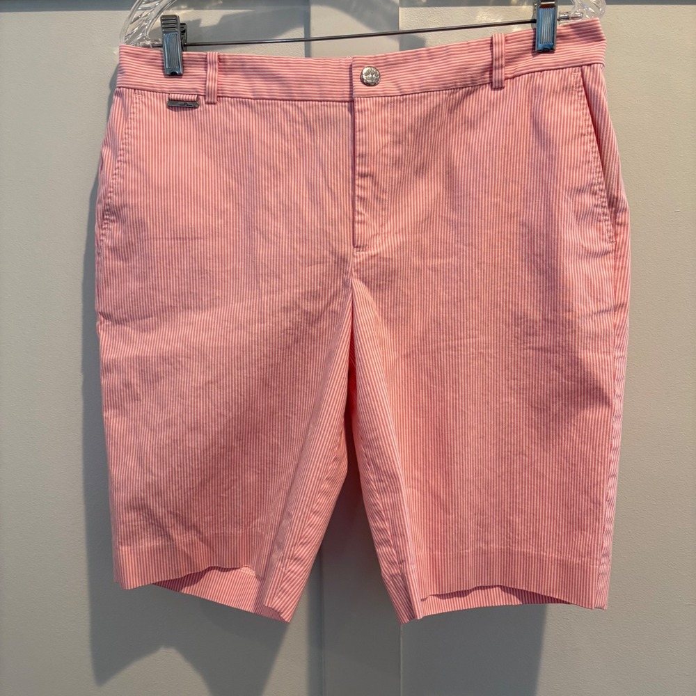 L-RL Active‎ Ralph Lauren Petite 12P Pink Striped Bermuda Shorts Preppy Walking
